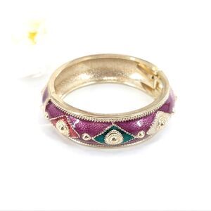 Vintage Ni Signed Hinge Cuff Enamel Jewel Tone Hinge Purple Gold Bracelet 7.5"